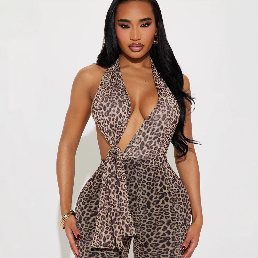 Women's Printed Leopard-print Backless Hip-lifting Jumpsuit