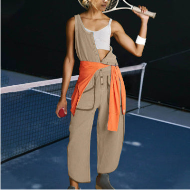 Women's Casual Solid Color Round Neck Sleeveless Elastic Waist With Pocket Jumpsuit
