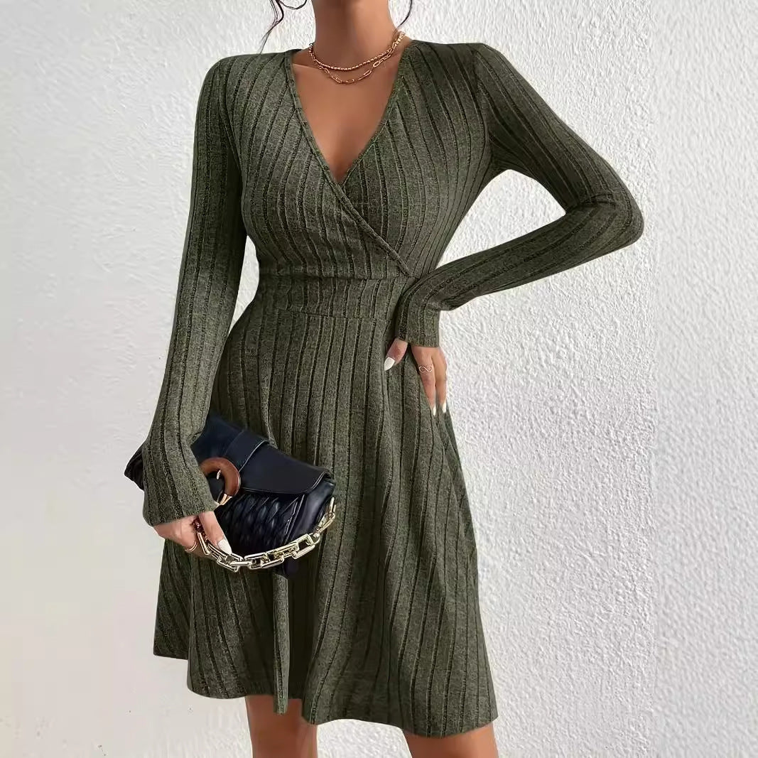 Women's European And American V-neck Tight Waist Fabric Long Sleeve Dress
