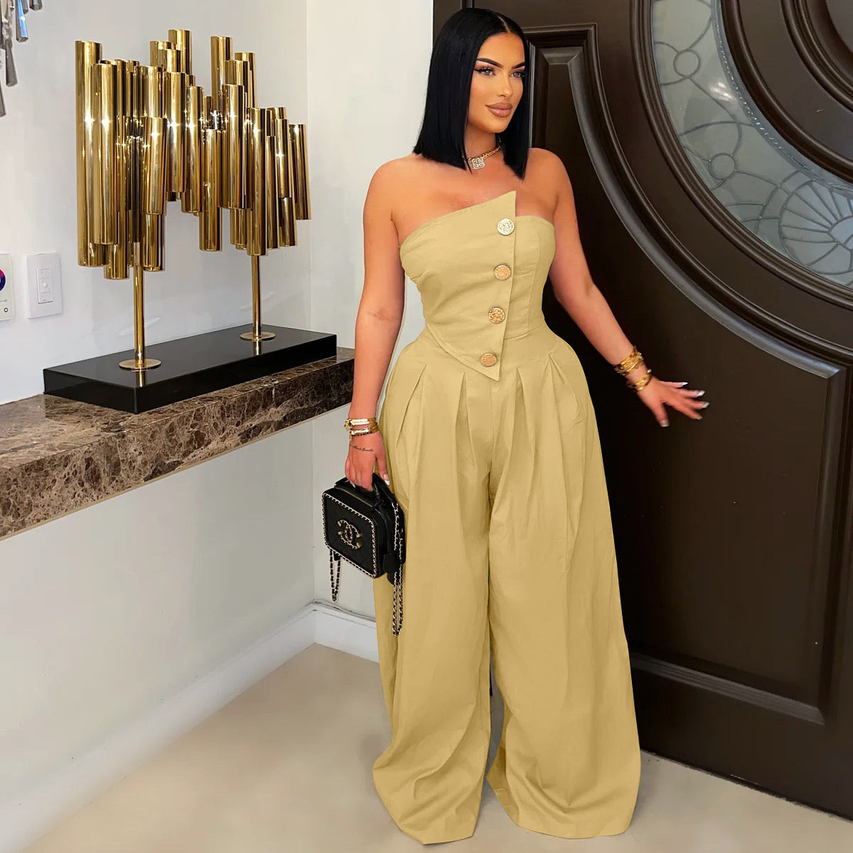 Sexy Tube Top Sleeveless Metal Button Wide Leg Jumpsuit