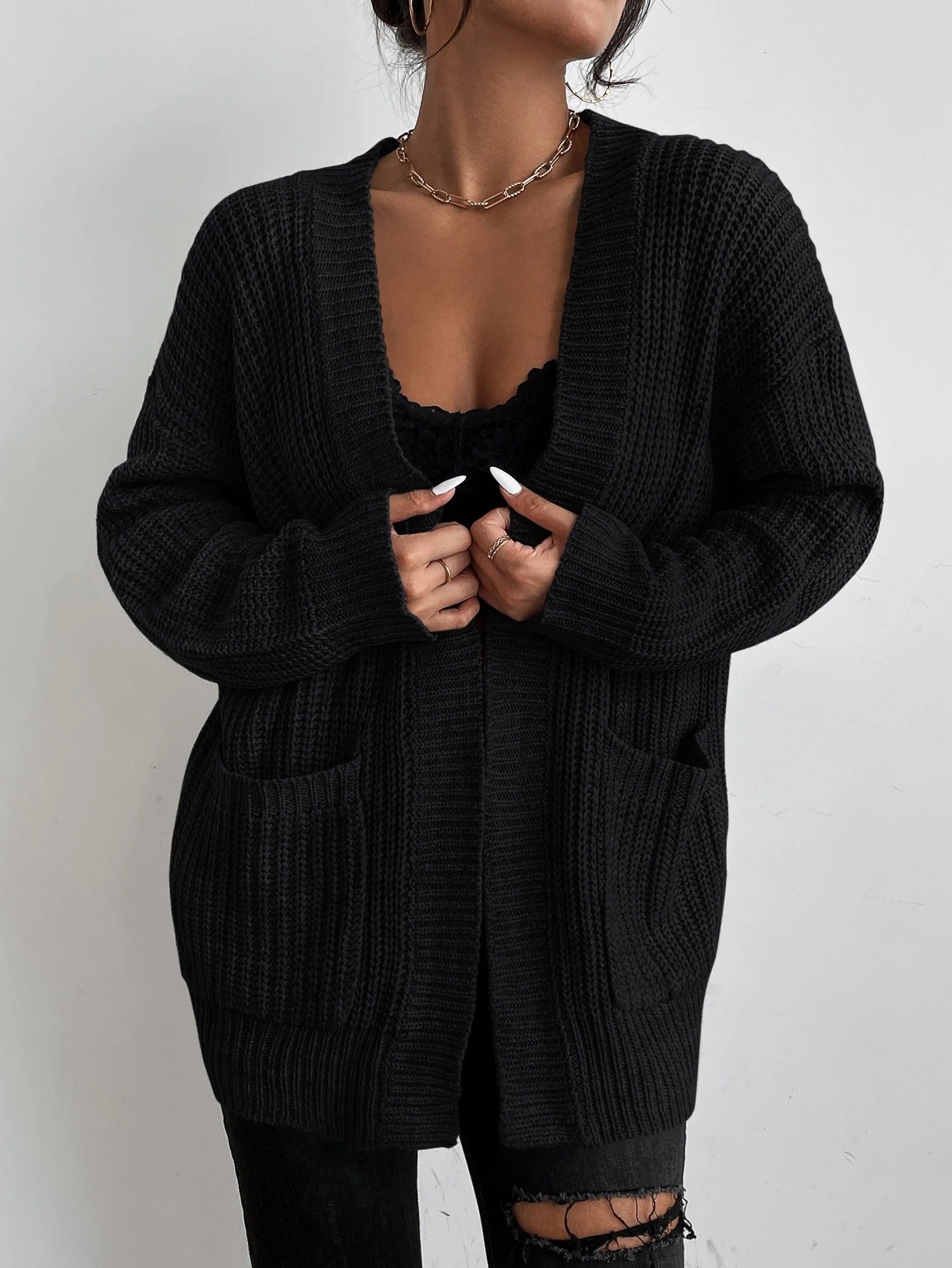 Chiquease Solid Dual Pockets Ribbed Knit Cardigan