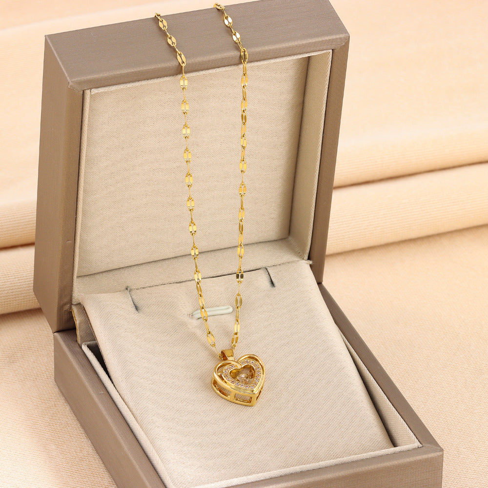 Double-layer Love Necklace With Rhinestones Titanium Steel Pendant Fashion Jewelry Woman Gift
