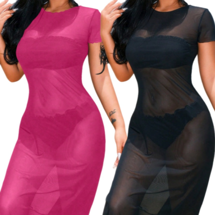 Women Solid Color Round Neck Short Sleeve Sheer Cover Up Dress 2PCS Set