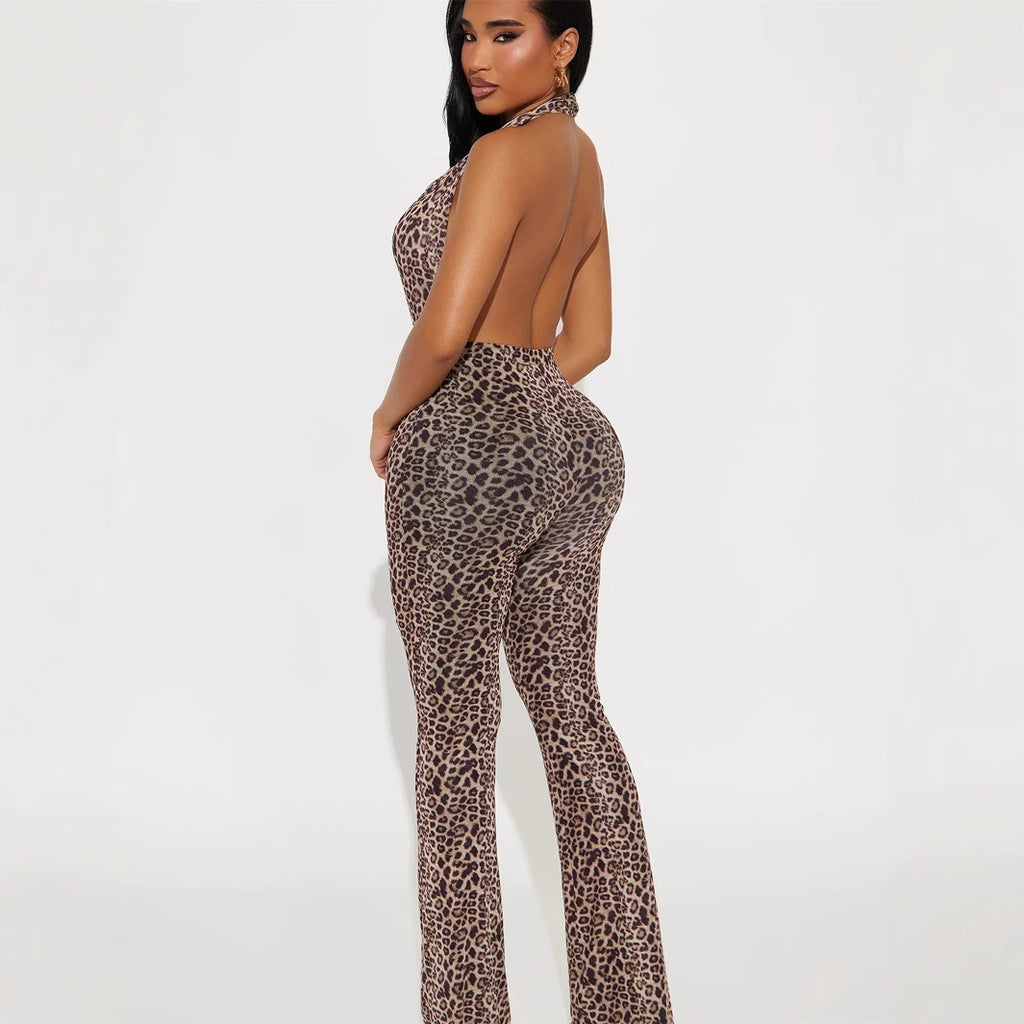 Women's Printed Leopard-print Backless Hip-lifting Jumpsuit