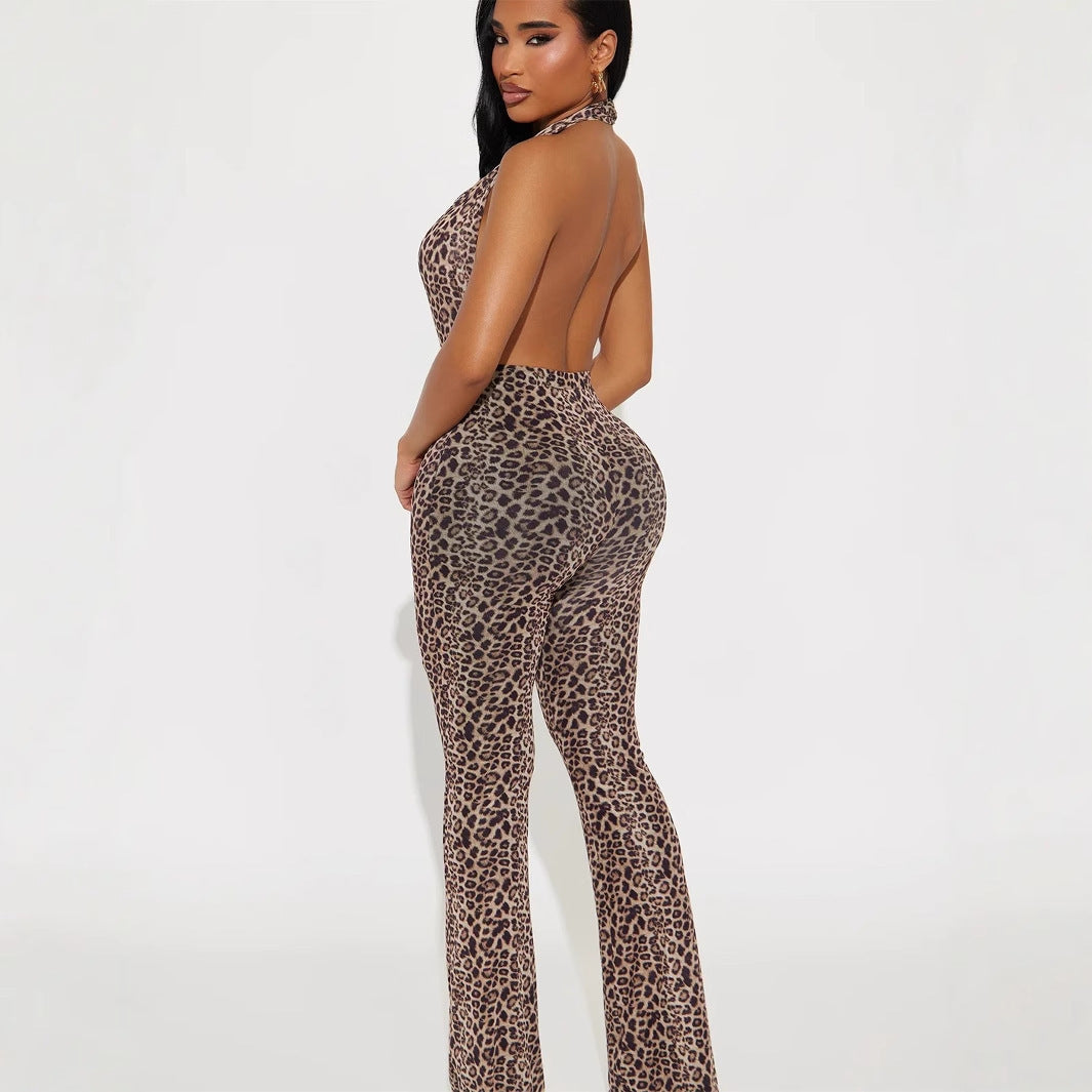 Women's Printed Leopard-print Backless Hip-lifting Jumpsuit