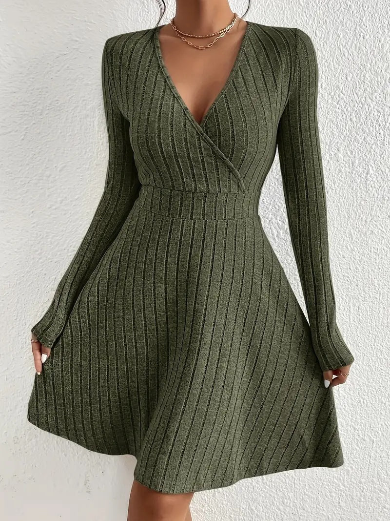 Women's European And American V-neck Tight Waist Fabric Long Sleeve Dress