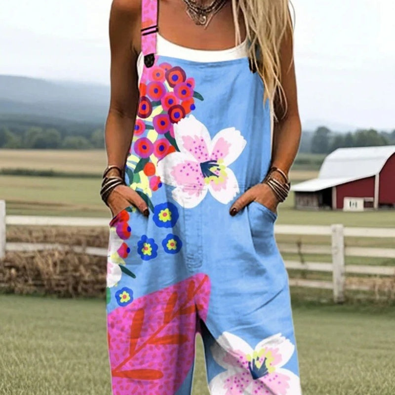 Printed Women's Suspenders Vest With Pockets Floral Jumpsuit