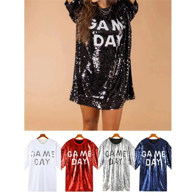 Sequined Short-sleeved Top Loose Plus Size T-shirt For Women Game Day Football Sunday