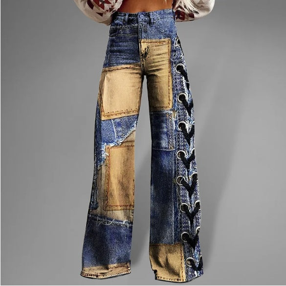 Ursime Patchwork Allover Pattern High Rise Wide Leg Pants