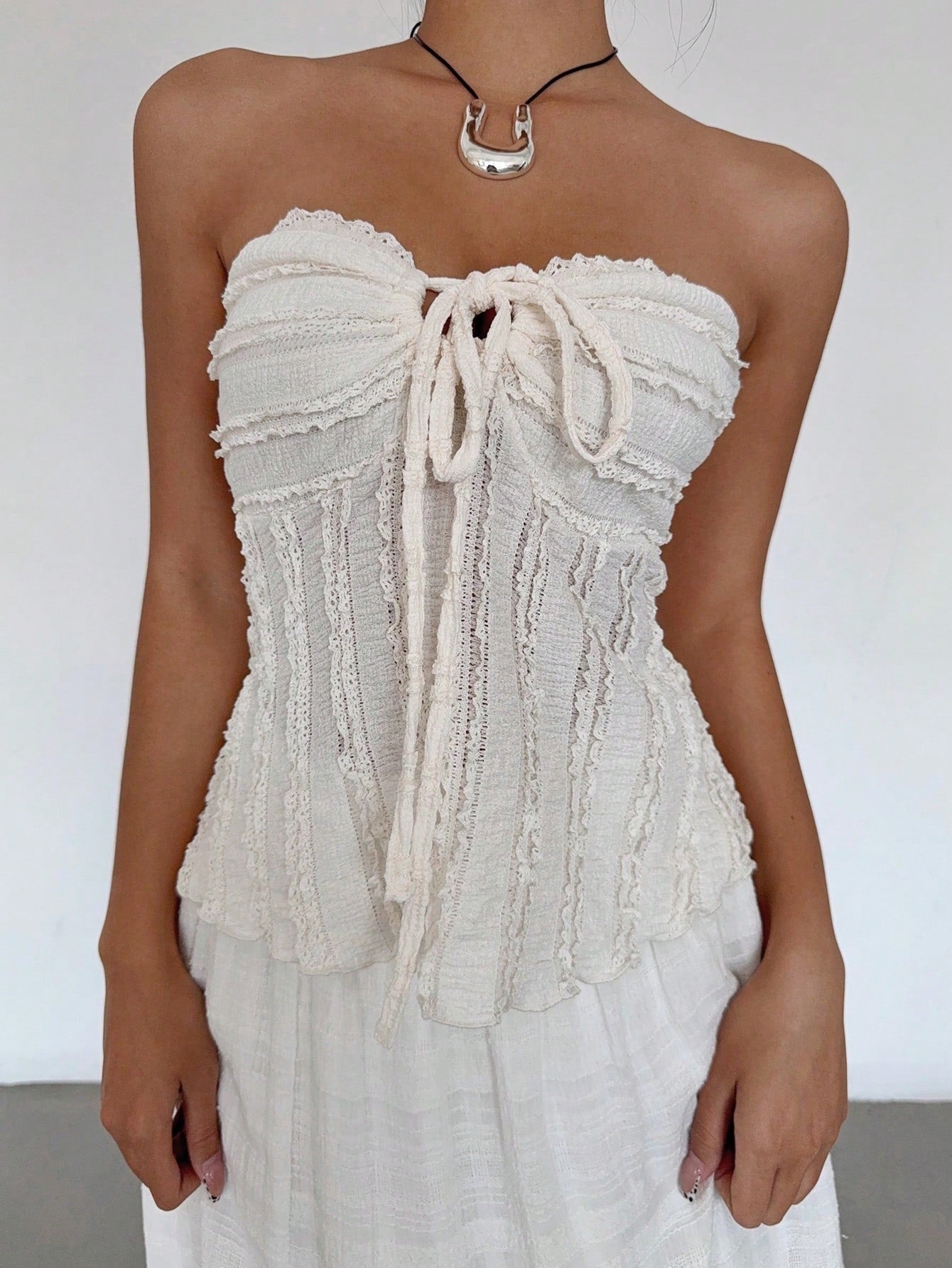 Women's Solid Color Cold Shoulder Lace Up Front Pleated Textured Top