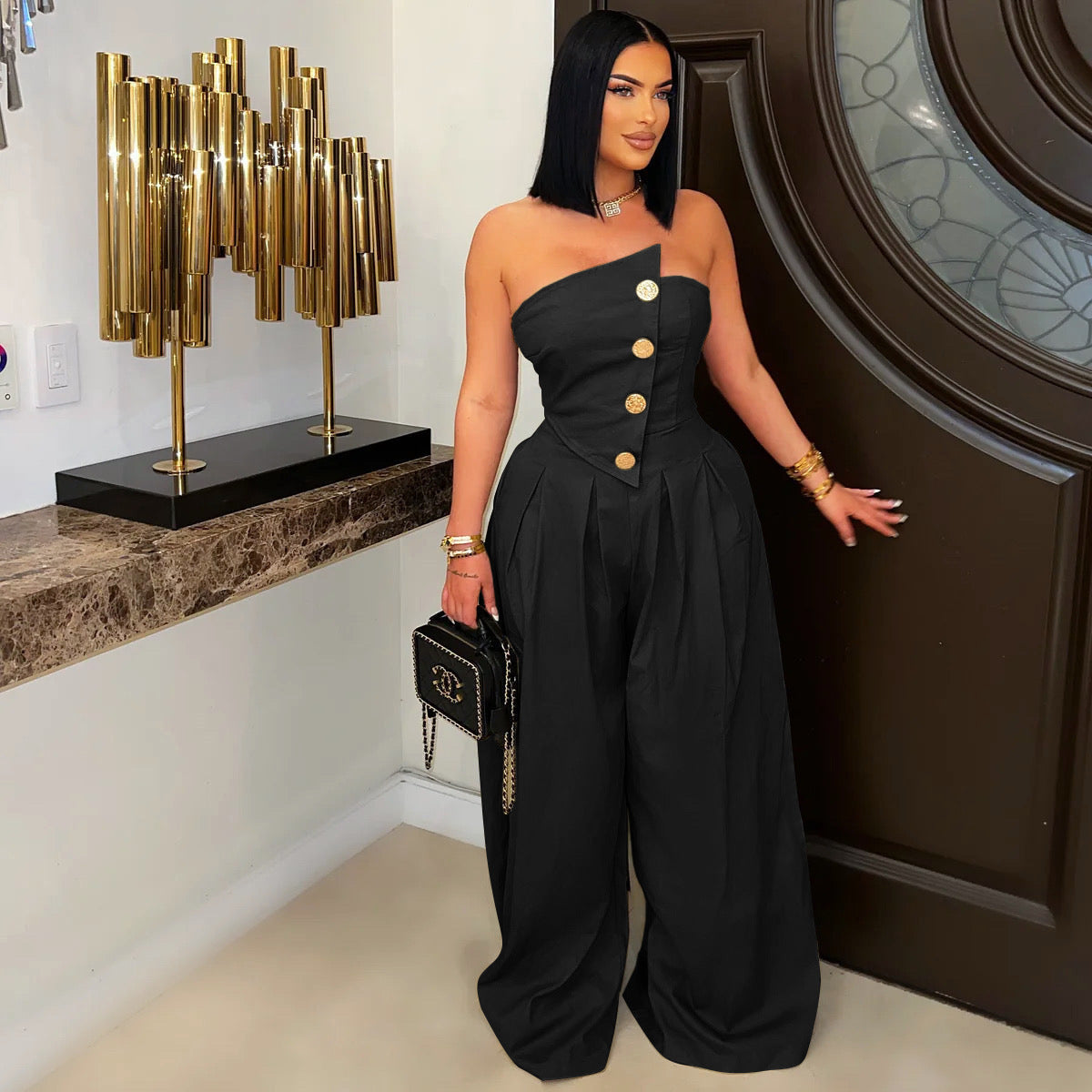 Sexy Tube Top Sleeveless Metal Button Wide Leg Jumpsuit