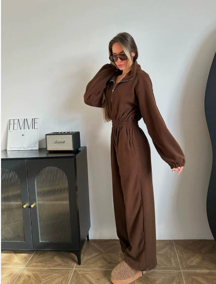 Long Sleeve Jumpsuit Women's Casual Half Cardigan Elastic Waist Suit