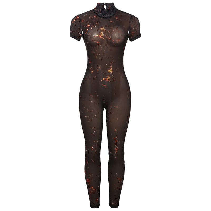 Fashion Sexy Half Turtleneck Button Printed Backless Hollow-out Tight Jumpsuit