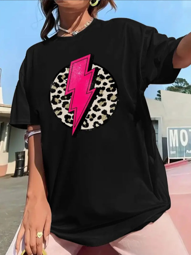 Lightning Pattern With Leopard Graphic Print Girl's Summer Comfy Breathable T-shirt, Casual Round Neck Short Sleeved Top For Summer Sports Activities & Daily Wear