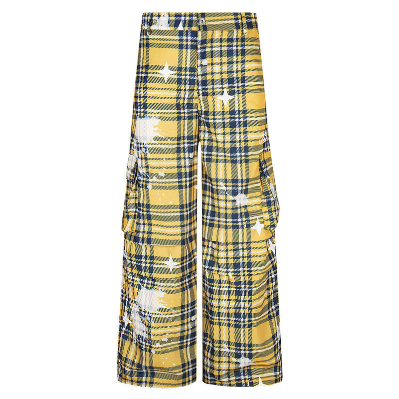 Retro Plaid Overalls Men's Loose Straight Casual Pants