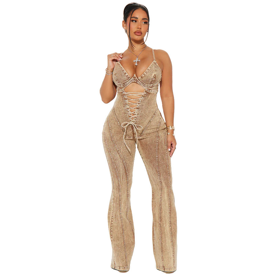 Women's Fashion Hollowed-out Lace-up Girdle Denim Jumpsuit