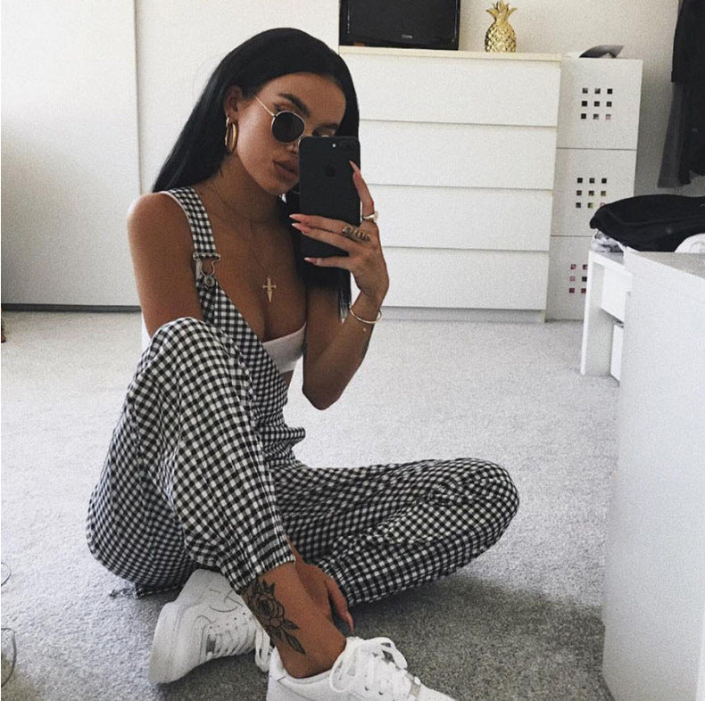 Women's New Fashion Plaid Suspender Ankle-tied Jumpsuit