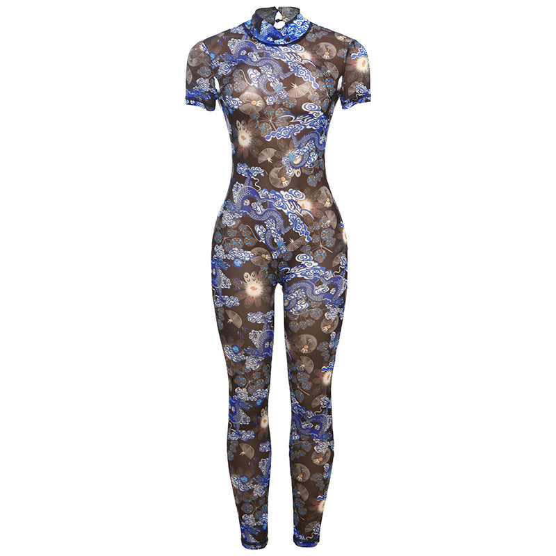Fashion Sexy Half Turtleneck Button Printed Backless Hollow-out Tight Jumpsuit