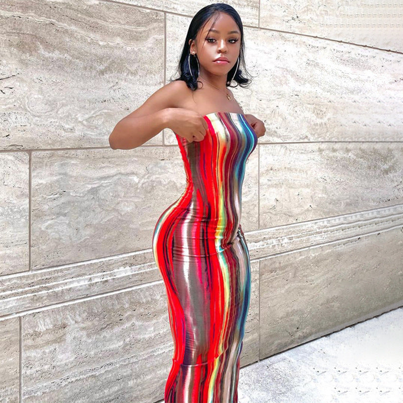 Women's Color Tie-dyed Off-shoulder Tube Coat And Dress