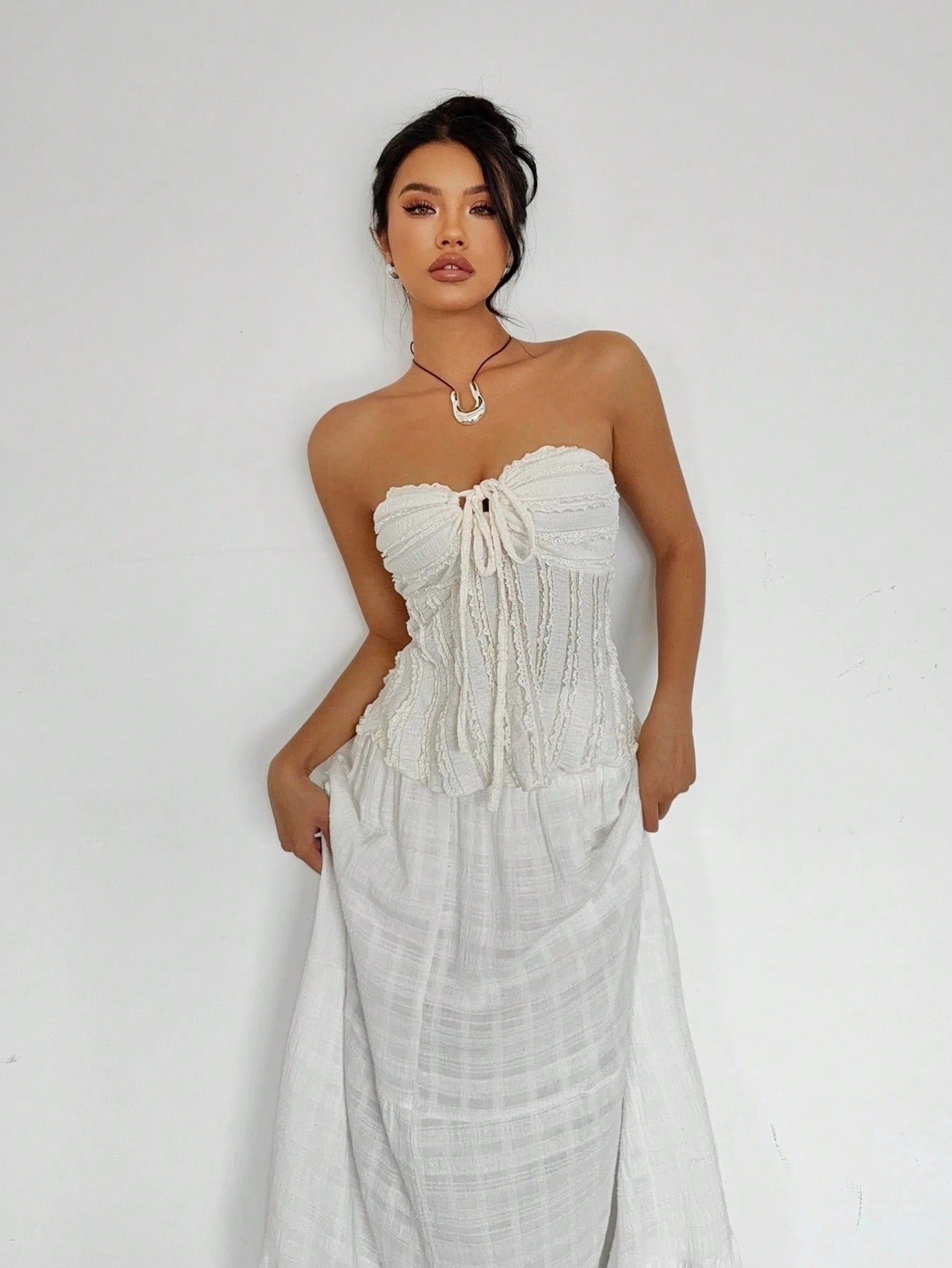 Women's Solid Color Cold Shoulder Lace Up Front Pleated Textured Top