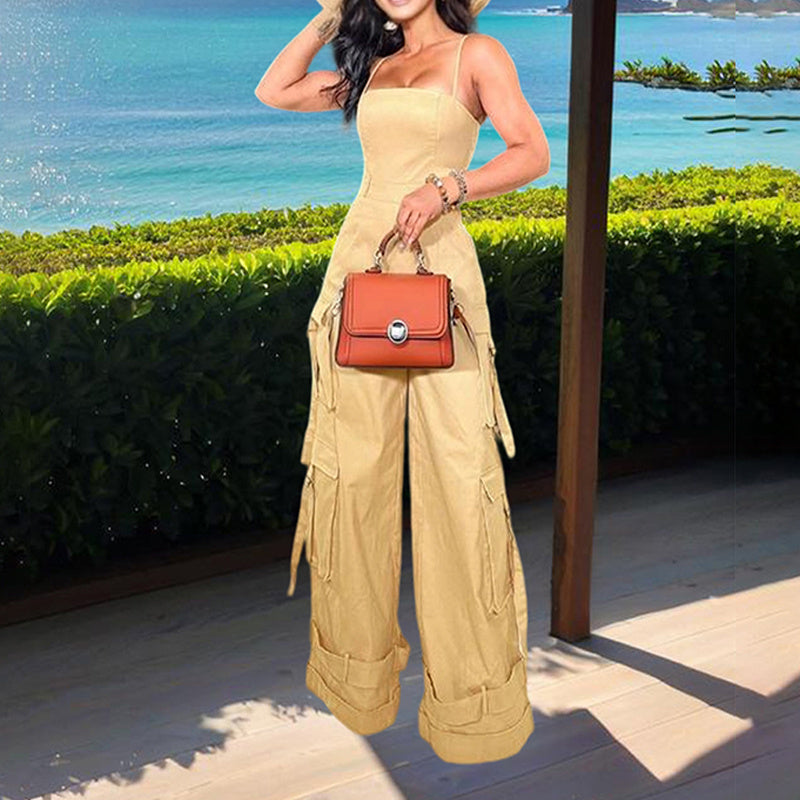 Women's Solid Color Sleeveless Jumpsuit - Wide Leg Romper With Adjustable Hem & 4 Pockets Summer Casual Outfit