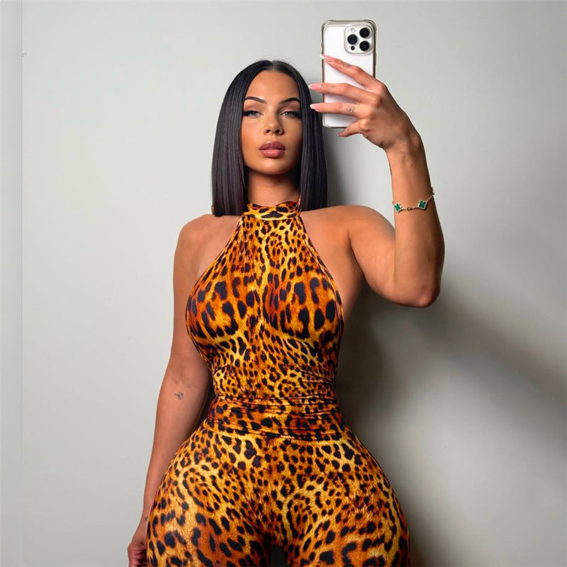 Summer New Personalized Leopard Print Sleeveless Halter Lace-up Tight Jumpsuit