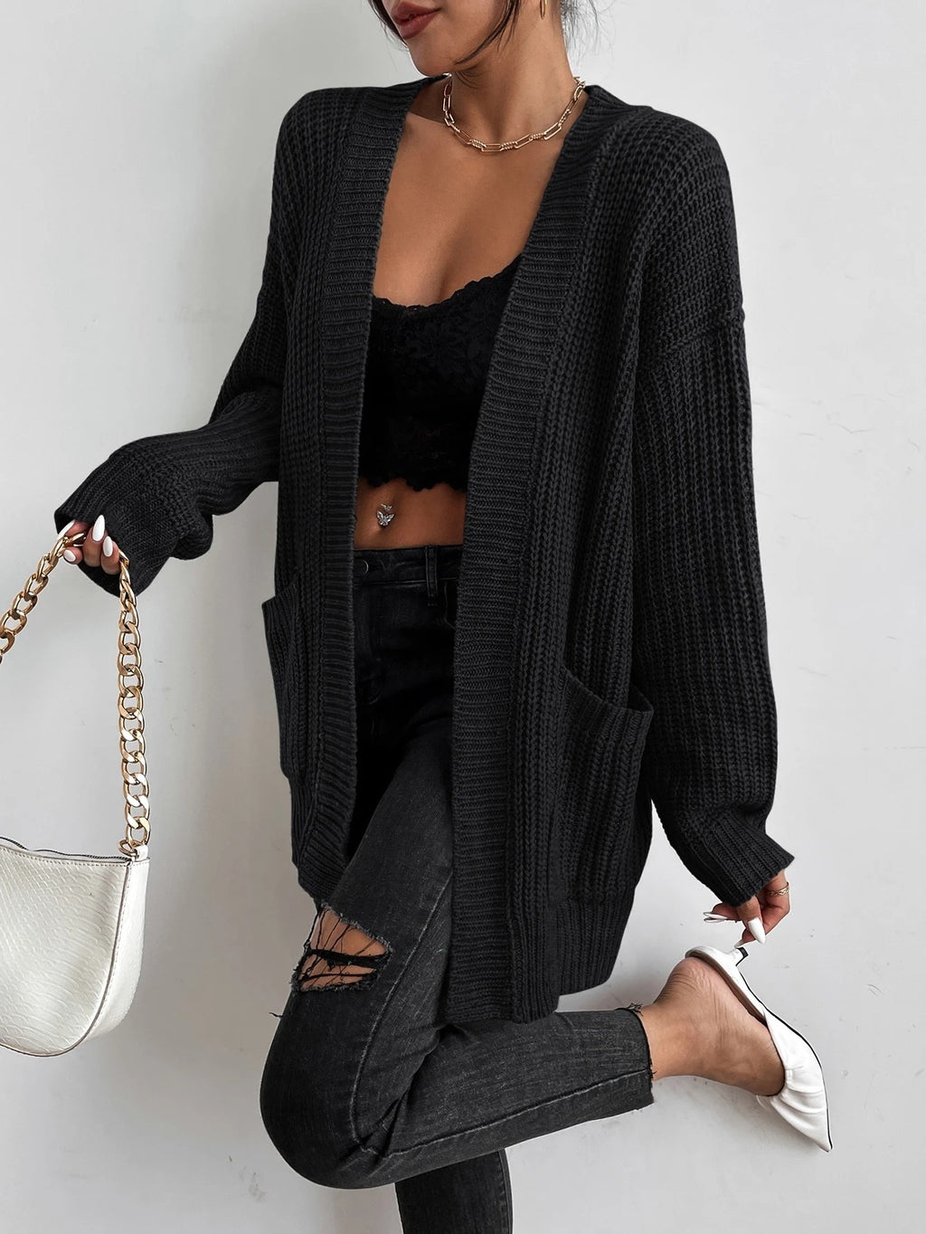 Chiquease Solid Dual Pockets Ribbed Knit Cardigan