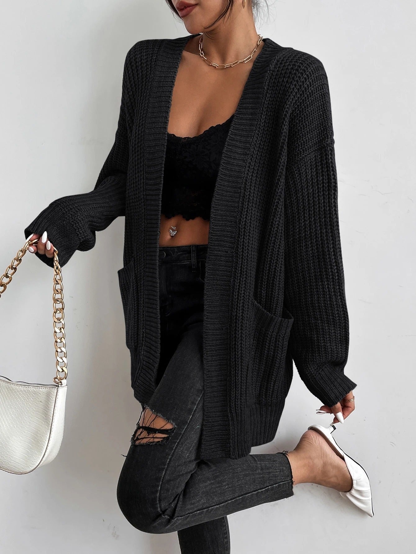 Chiquease Solid Dual Pockets Ribbed Knit Cardigan