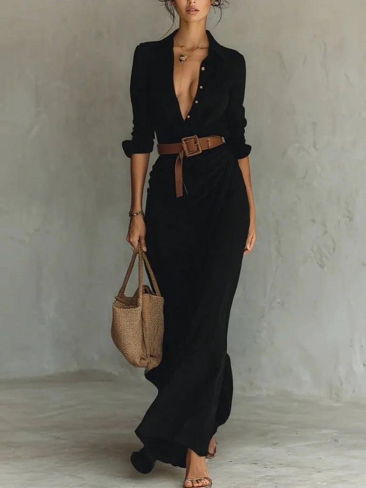 Women's Elegant Solid Color Irregular Folds Containing Belt Dress