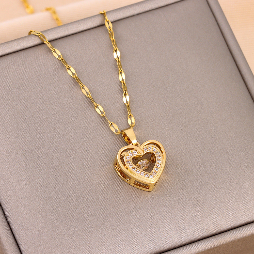 Double-layer Love Necklace With Rhinestones Titanium Steel Pendant Fashion Jewelry Woman Gift