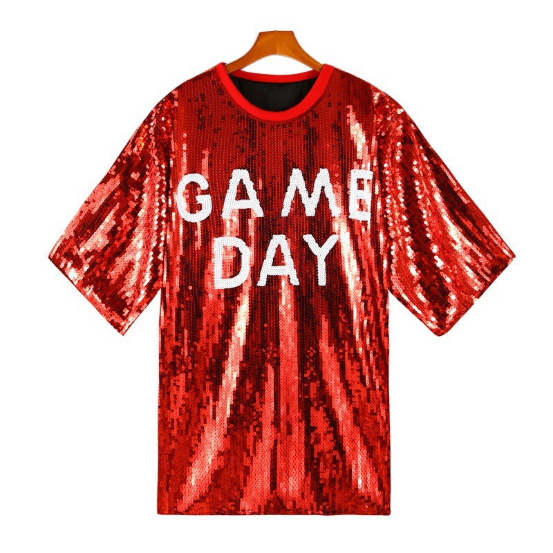 Sequined Short-sleeved Top Loose Plus Size T-shirt For Women Game Day Football Sunday