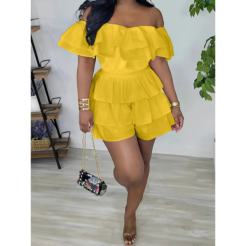 Womens Sexy Off Shoulder Rompers Summer Ruffle Short Sleeve Tiered Short Jumpsuits