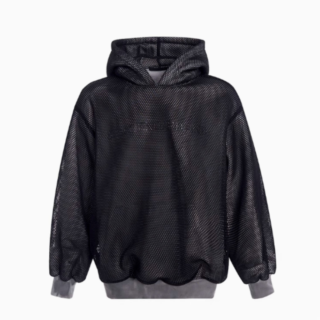 Niche Hollow Out Knitmesh Hooded Fleece Lined Sweater Men