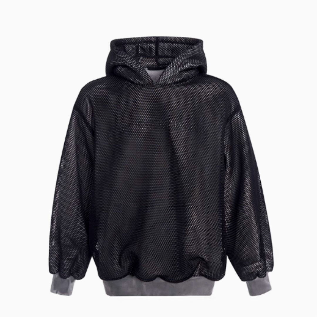 Niche Hollow Out Knitmesh Hooded Fleece Lined Sweater Men