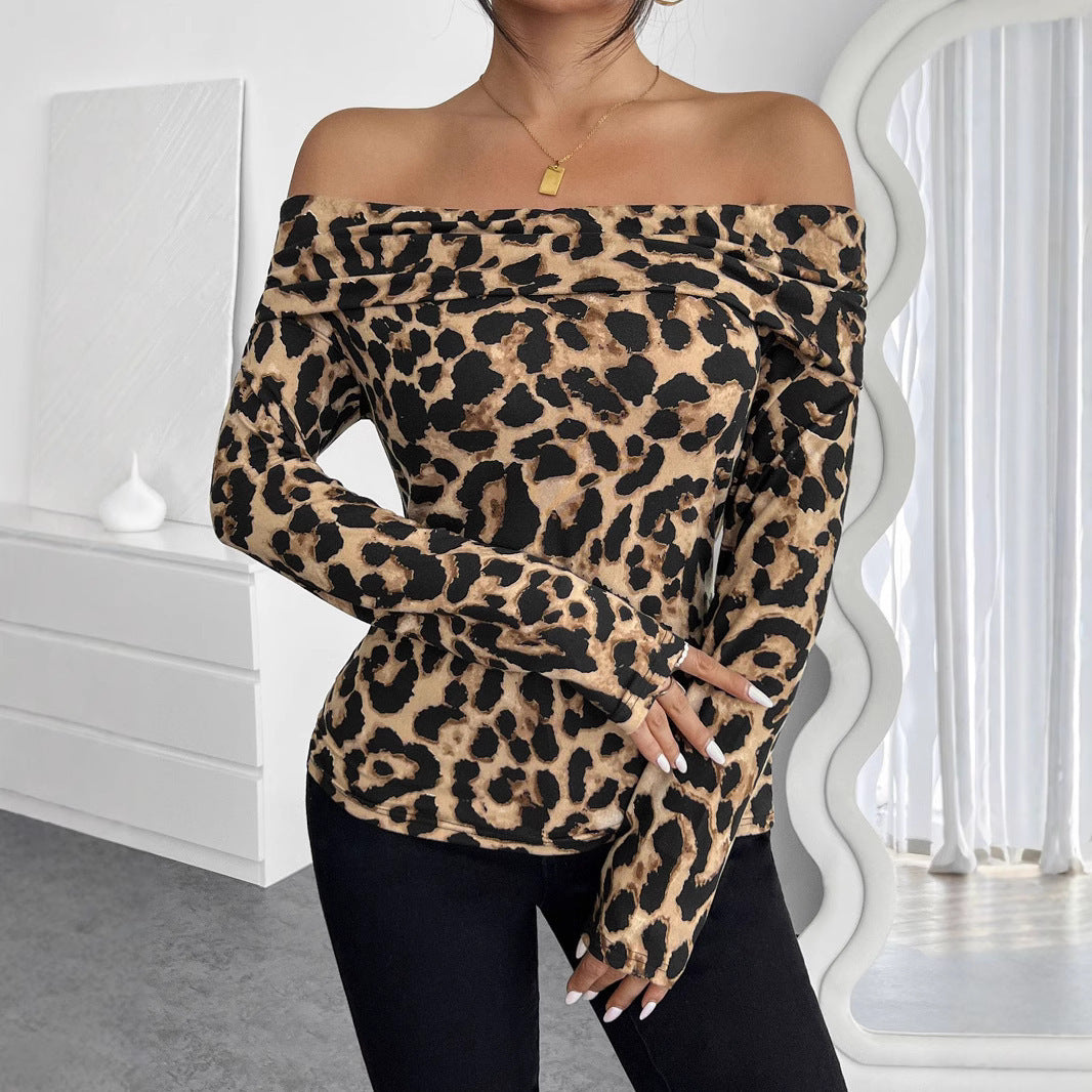 European And American Ladies Sexy Leopard Print Off-shoulder Long Sleeve T-shirt