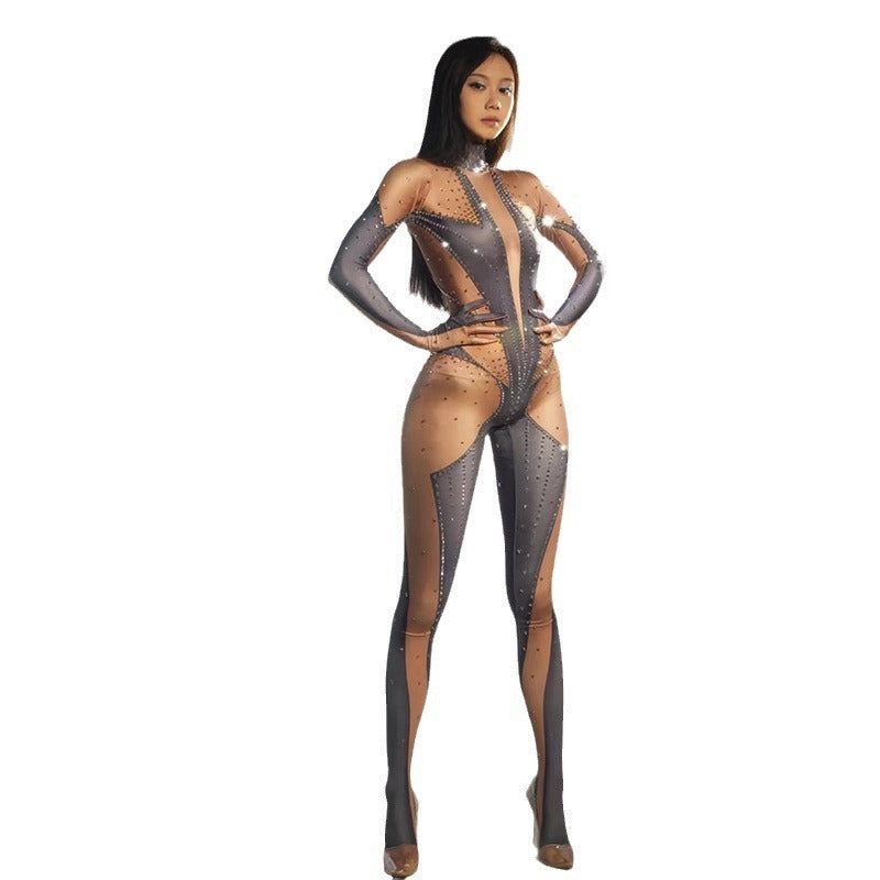 Full Diamond Long-sleeved One-piece Trousers Fake Meat-exposed