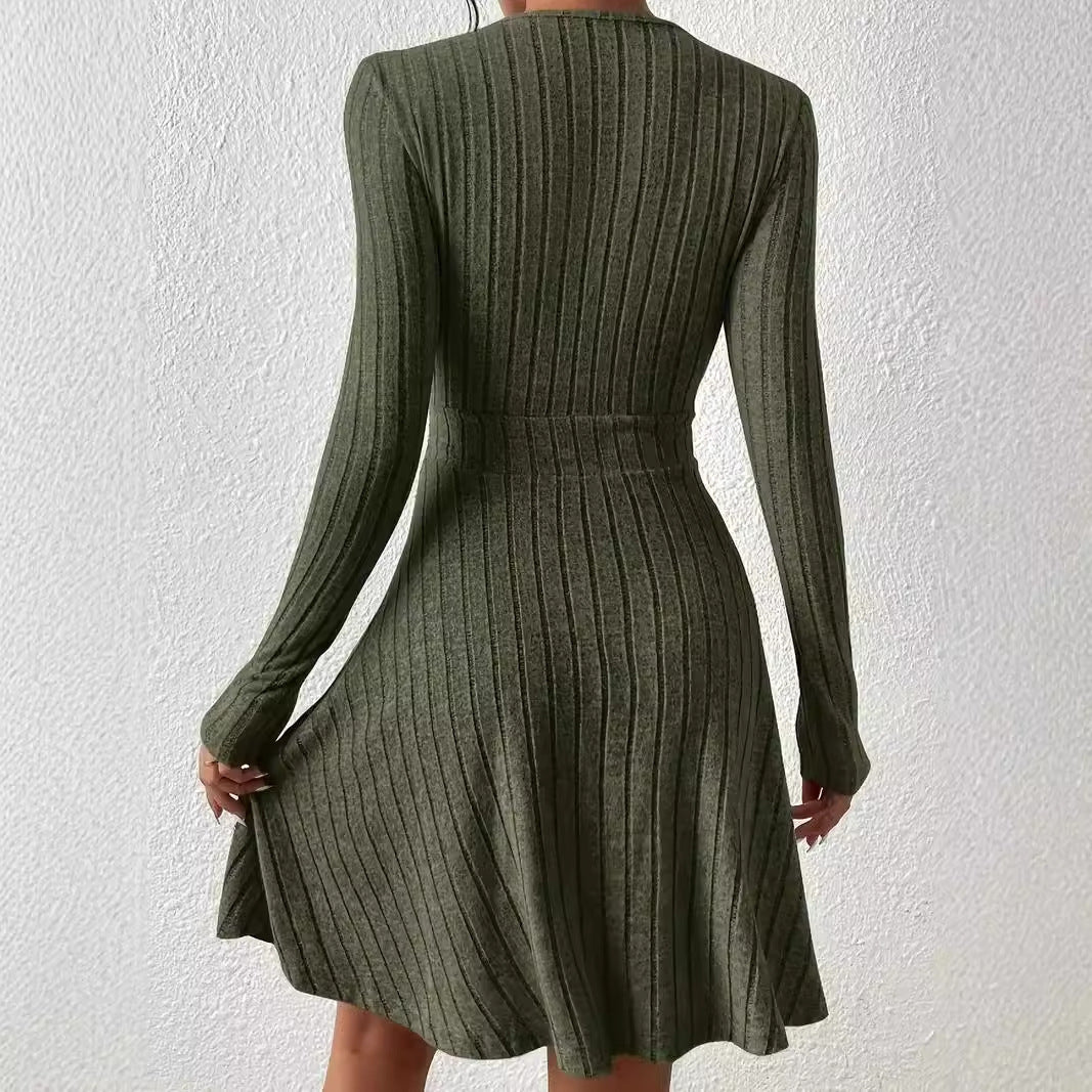 Women's European And American V-neck Tight Waist Fabric Long Sleeve Dress