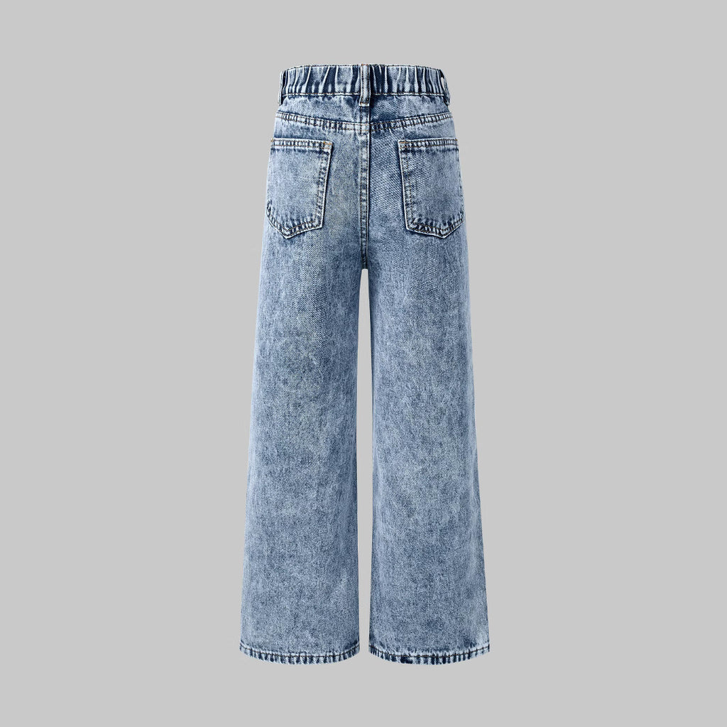 Snowflake Water Washed Hole Printed Wide-leg Jeans