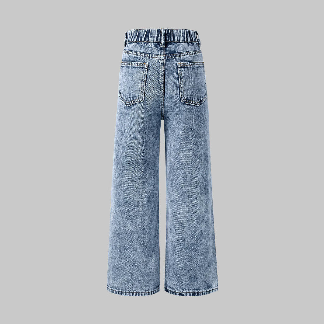 Snowflake Water Washed Hole Printed Wide-leg Jeans
