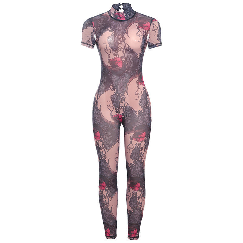 Fashion Sexy Half Turtleneck Button Printed Backless Hollow-out Tight Jumpsuit