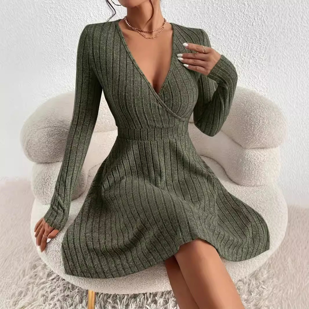 Women's European And American V-neck Tight Waist Fabric Long Sleeve Dress