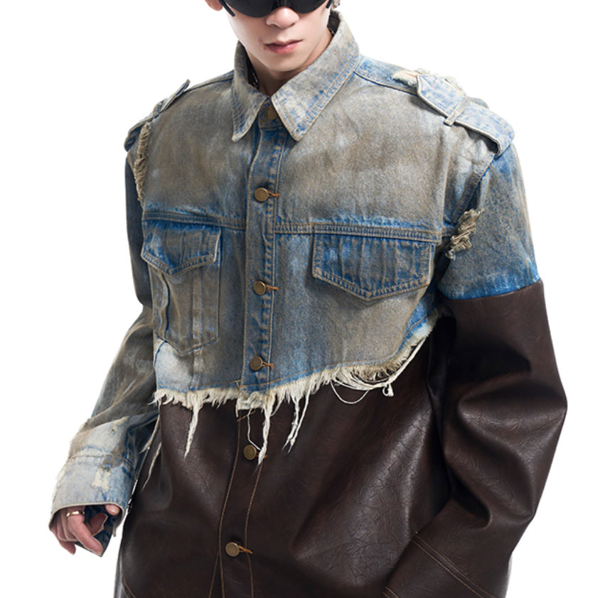 American Retro Distressed Leather Patchwork Destroyed Denim Coat Men's Autumn And Winter Dirty Jacket