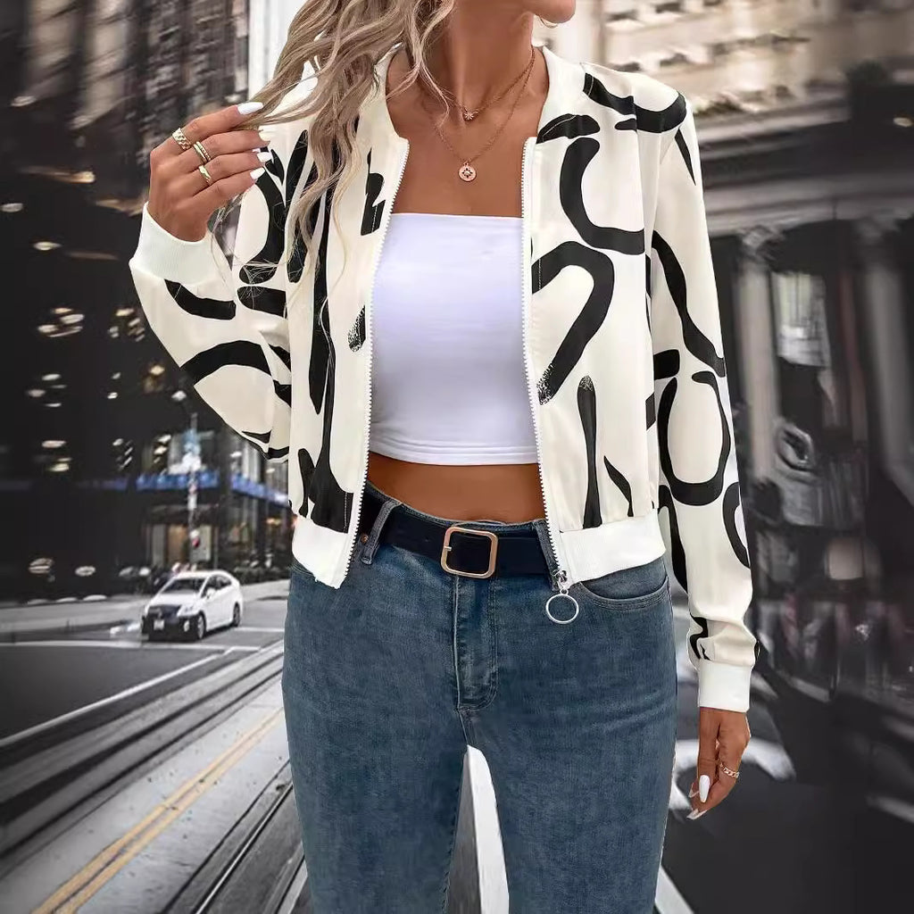 Women's Printed Zipper Baseball Jacket Casual