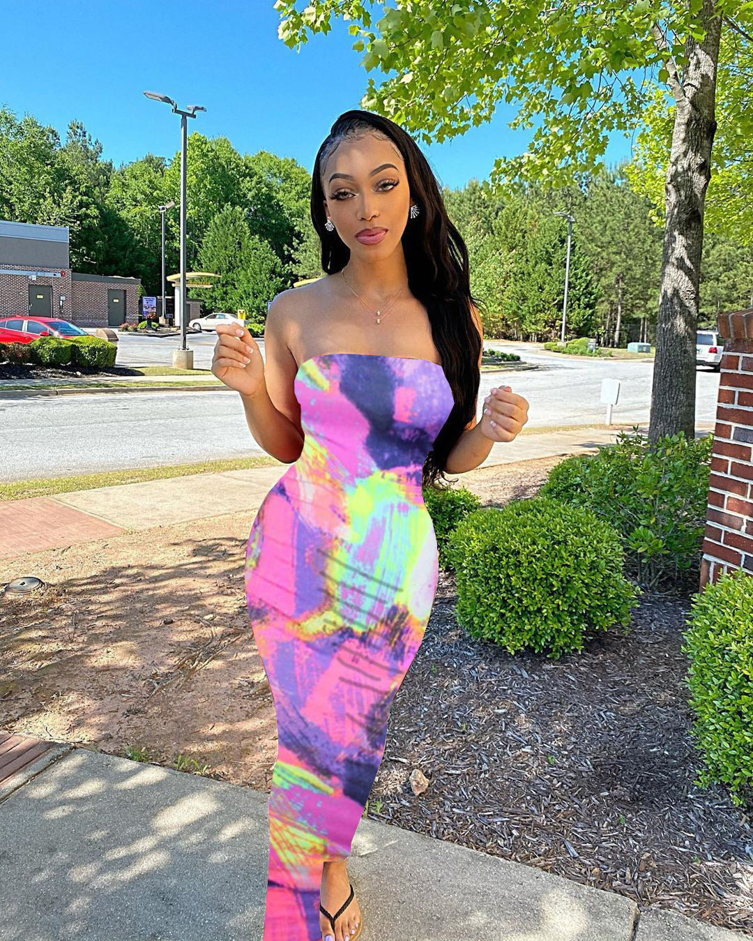 Women's Color Tie-dyed Off-shoulder Tube Coat And Dress