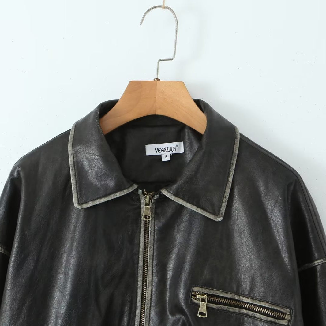 Lapel Long Sleeve Zipper Brushed Leather Coat