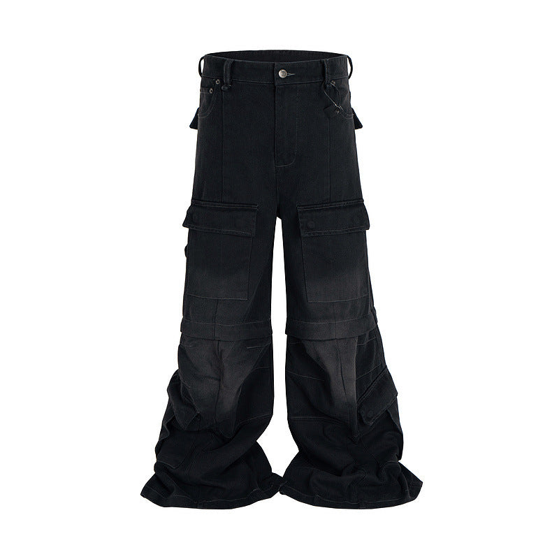 Detachable Worn Looking Washed-out Multi-pocket Detachable Two-way Wear Micro-pull Overalls