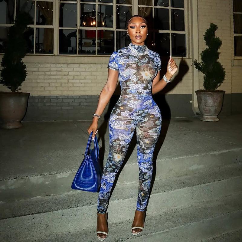 Fashion Sexy Half Turtleneck Button Printed Backless Hollow-out Tight Jumpsuit