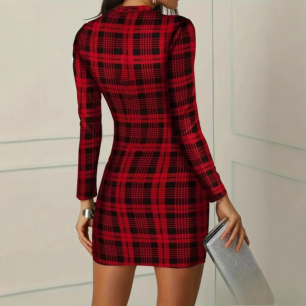 European And American Women's Clothing Plaid Printed Slim Fit Skirt