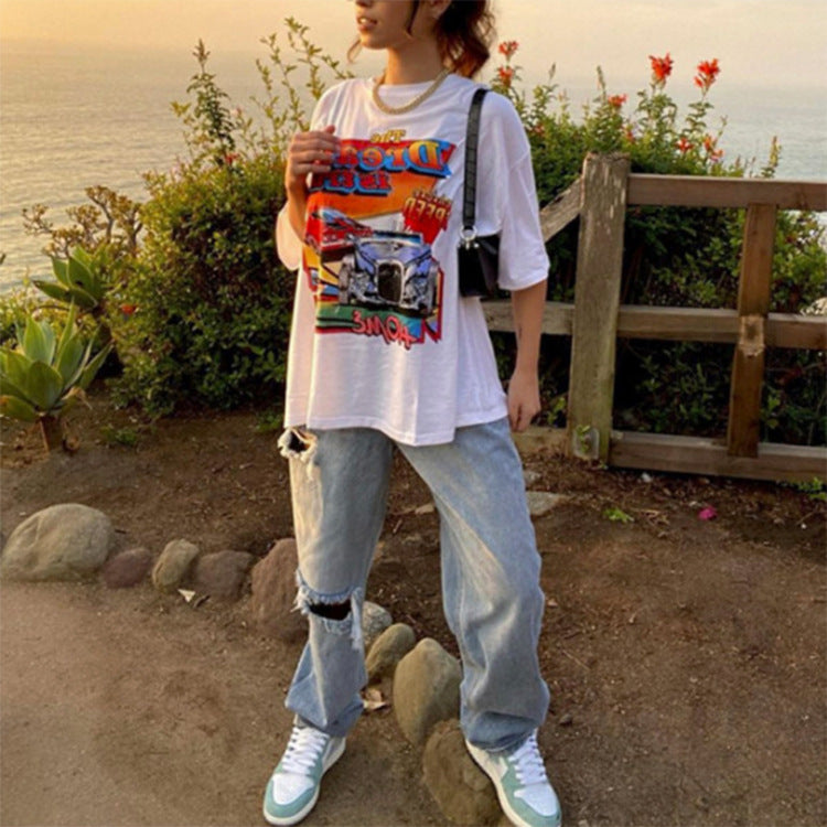 Letter Print Round Neck T-shirt Women Short-sleeved Loose White T-shirt