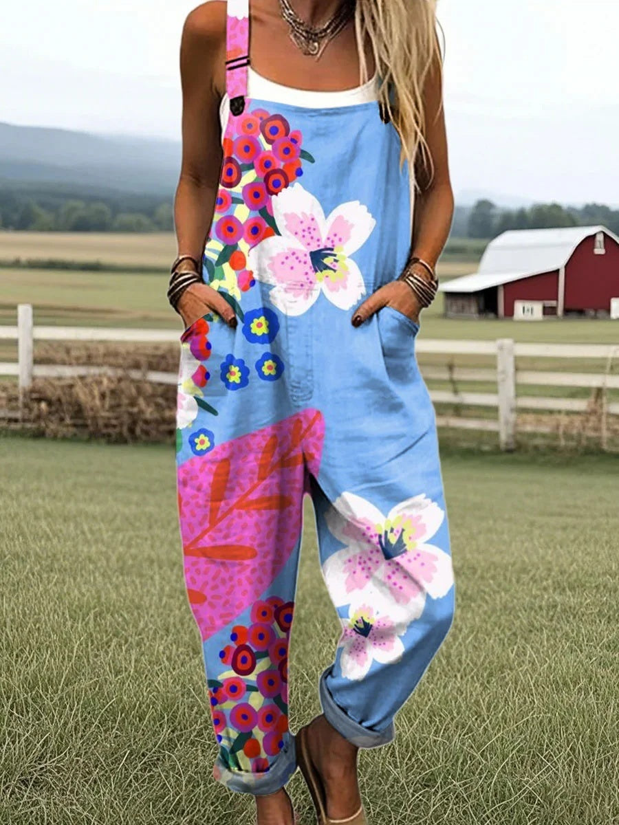 Printed Women's Suspenders Vest With Pockets Floral Jumpsuit